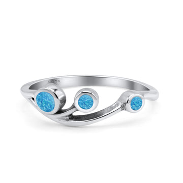Three Stone Petite Dainty Fashion Thumb Ring Lab Created Blue Opal Solid 925 Sterling Silver